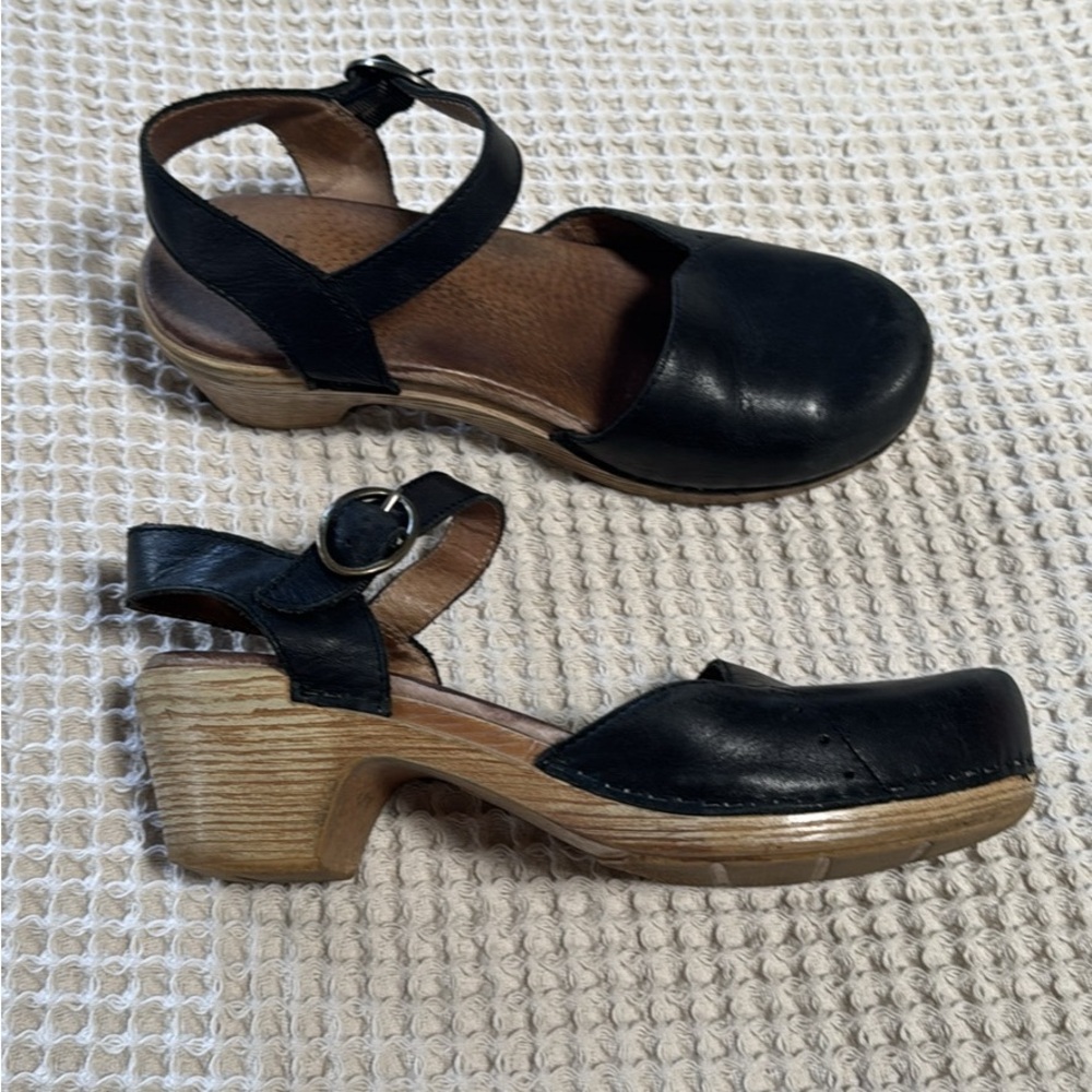 Dansko Black Mules with Wooden Block Heel
